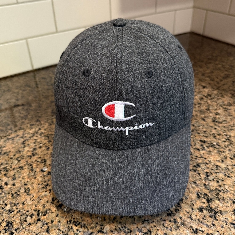 Champion Snapback Hat Adjustable Gray Black Script Logo Baseball Cap